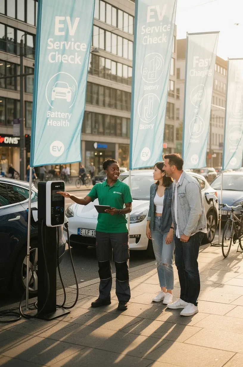 Techniker überprüft die Reifentemperatur an einem Elektroauto in einer spezialisierten Servicestation
