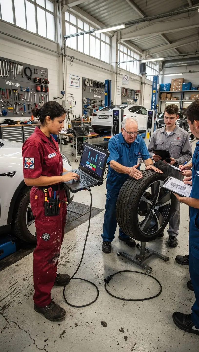 Software-Update wird auf einem Tablet für ein Elektrofahrzeug in einer Autowerkstatt durchgeführt